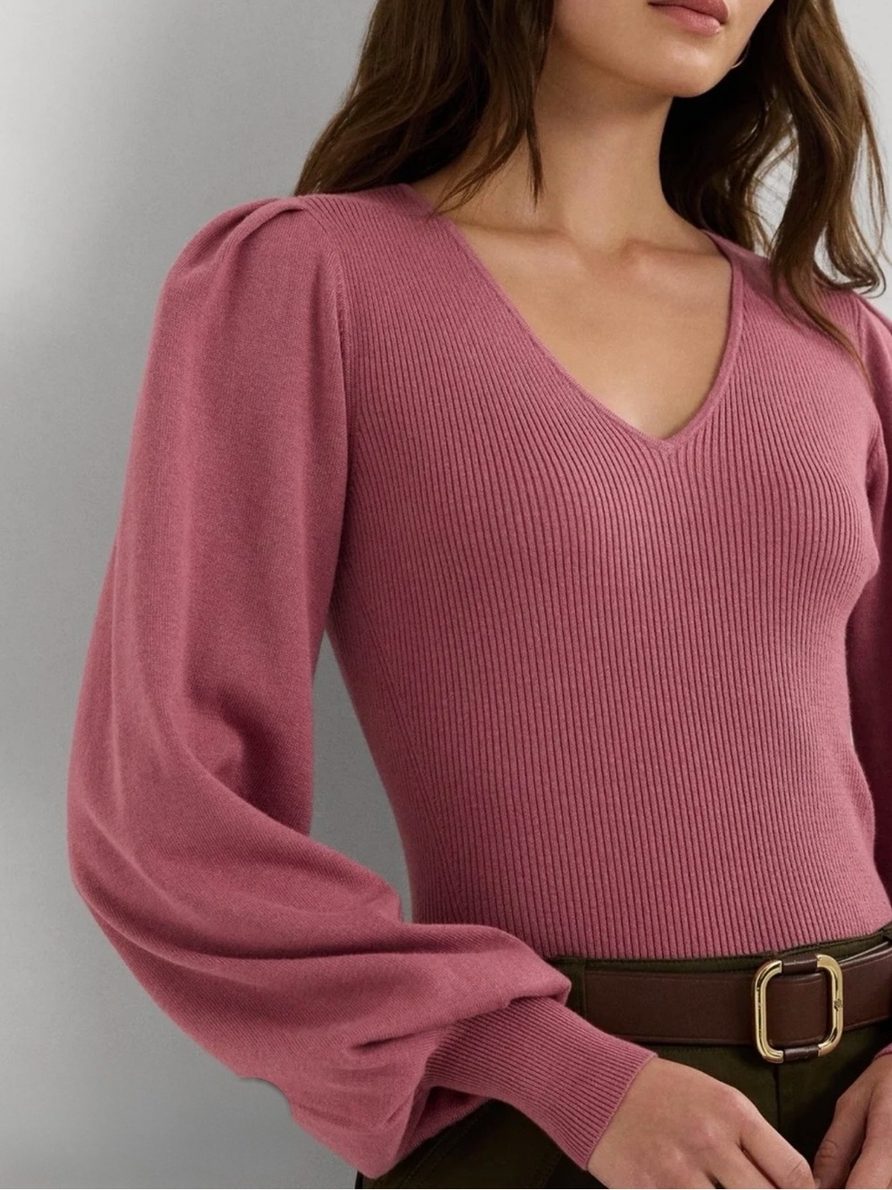 Ralph Lauren Rose V-Neck Ribbed Sweater with Balloon Sleeves